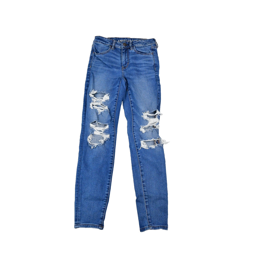 American Eagle Jeans Womens 4 Reg (24x27) Hi-Rise‎ Jegging Blue Denim Distressed